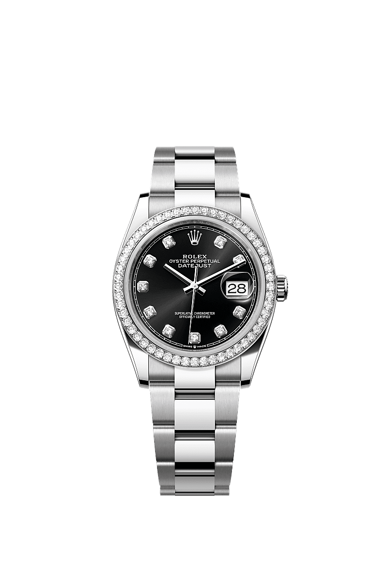 Datejust 36, Oyster, 36 mm, Oystersteel, white gold and diamonds, Dial : Bright black set with diamonds, Rolex