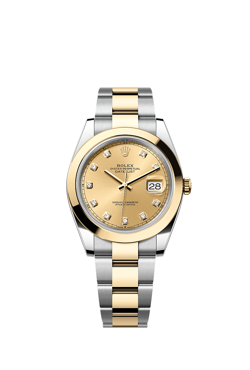 Datejust 41, Oyster, 41 mm, Oystersteel and yellow gold, Dial : Champagne-colour set with diamonds, Rolex