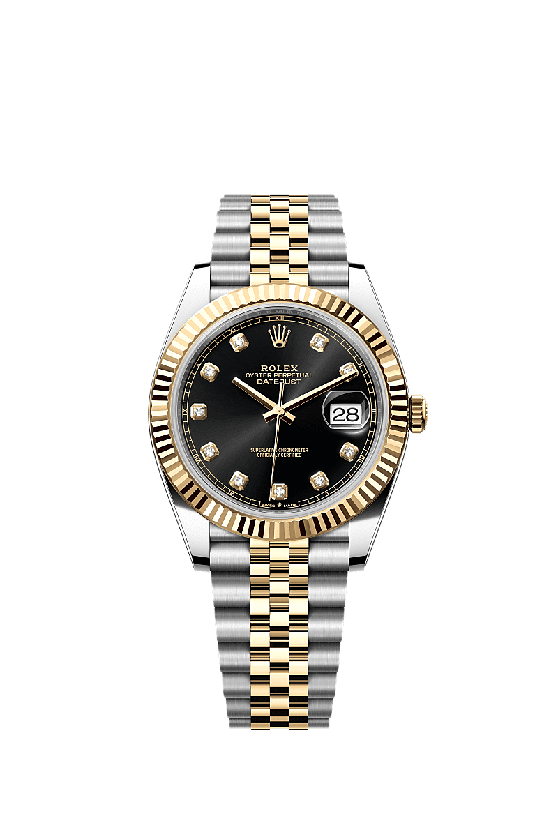日志型 41, 蚝式，41毫米，黄金及蚝式钢, 表盘 : 亮黑色，镶钻石, Rolex