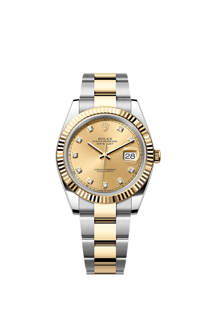 Datejust 41, Oyster, 41 mm, Oystersteel and yellow gold, Dial : Champagne-colour set with diamonds, Rolex