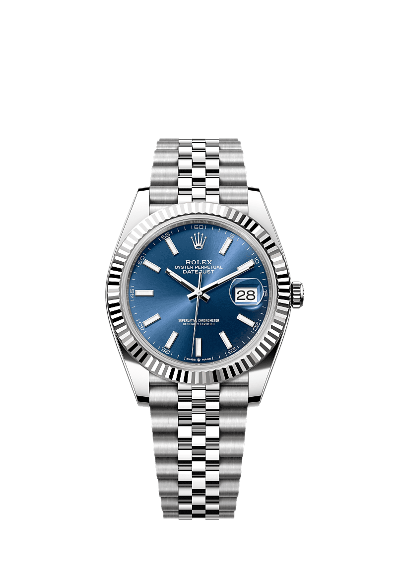 日志型 41, 蚝式，41毫米，白色黄金及蚝式钢, 表盘 : 亮蓝色, Rolex