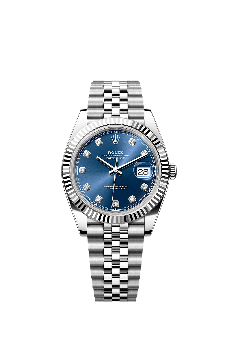 Datejust 41, Oyster, 41 mm, Oystersteel and white gold, Dial : Bright blue set with diamonds, Rolex