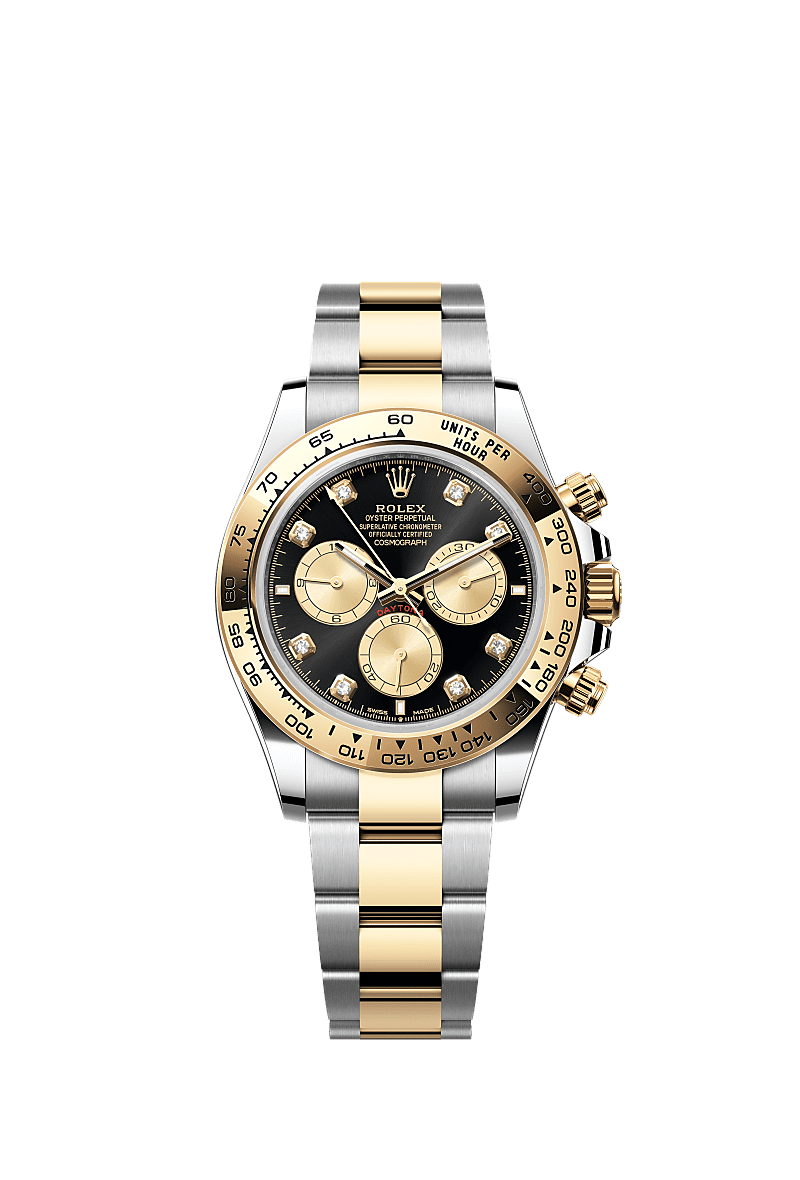 Cosmograph Daytona, Oyster, 40 mm, Oystersteel and yellow gold, Dial : Bright black and golden set with diamonds, Rolex