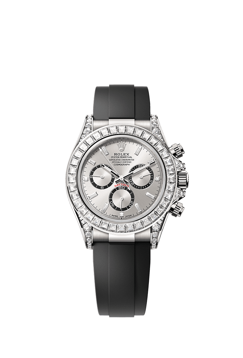 Cosmograph Daytona, Oyster, 40 mm, white gold and diamonds, Dial : Steel, bright black counter rings set with diamonds, Rolex