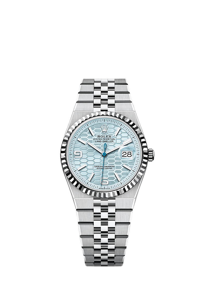陆使型 36, 蚝式,36毫米,铂金, 表盘 : 冰蓝色,蜂巢图案, Rolex
