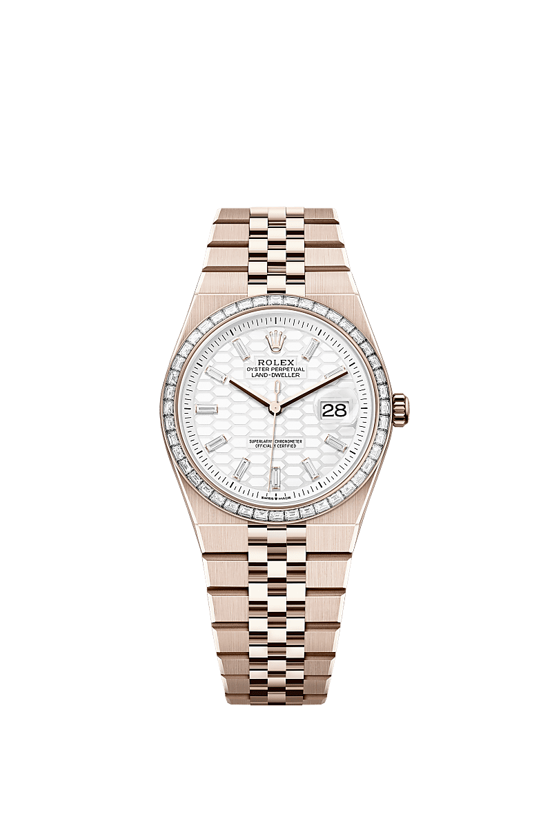 Land-Dweller 36, Oyster, 36 mm, Everose gold and diamonds, Dial : Intense white, honeycomb motif set with diamonds, Rolex