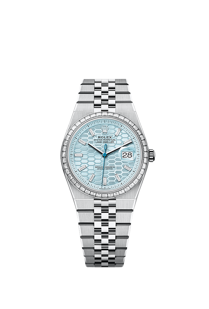 Land-Dweller 36, Oyster, 36 mm, platinum and diamonds, Dial : Ice blue, honeycomb motif set with diamonds, Rolex