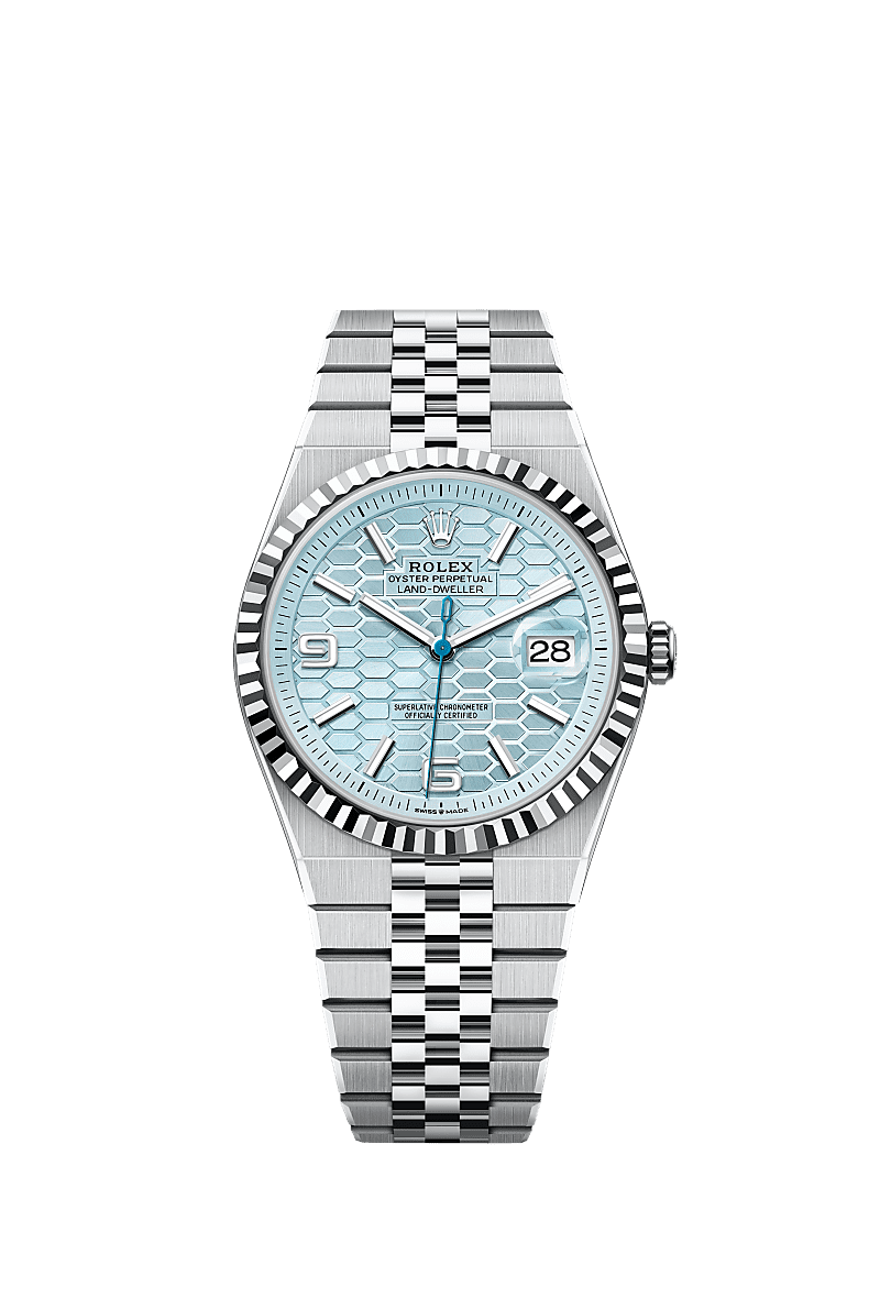 Land-Dweller 40, Oyster, 40 mm, platinum, Dial : Ice blue, honeycomb &#10;motif, Rolex