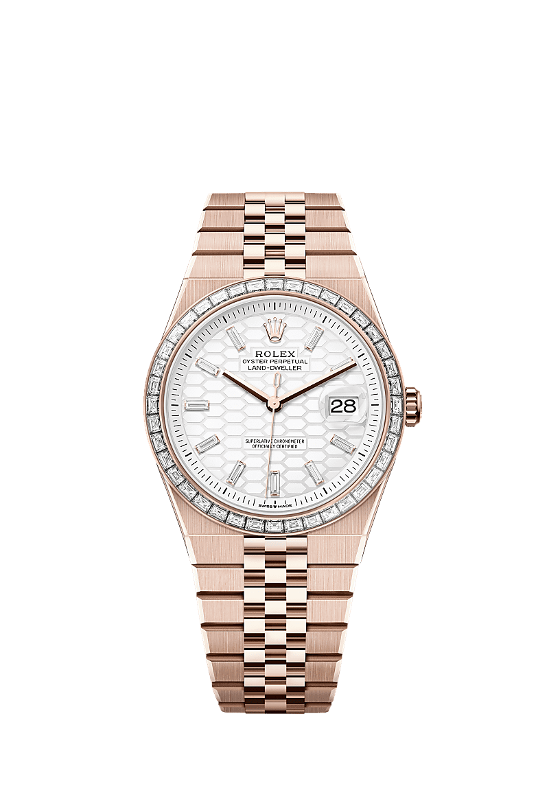 Land-Dweller 40, Oyster, 40 mm, Everose gold and diamonds, Dial : Intense white, honeycomb motif set with diamonds, Rolex
