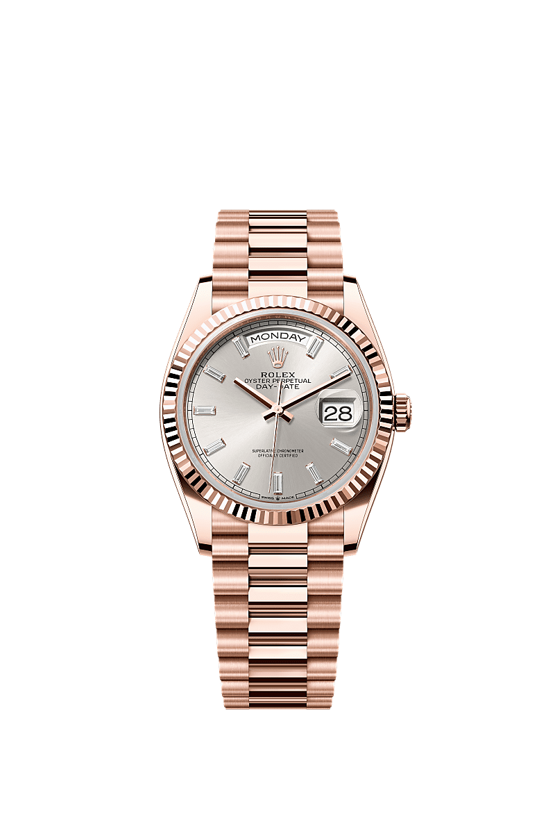 星期日历型 36, 蚝式，36毫米，永恒玫瑰金, 表盘 : 银色，镶钻石, Rolex