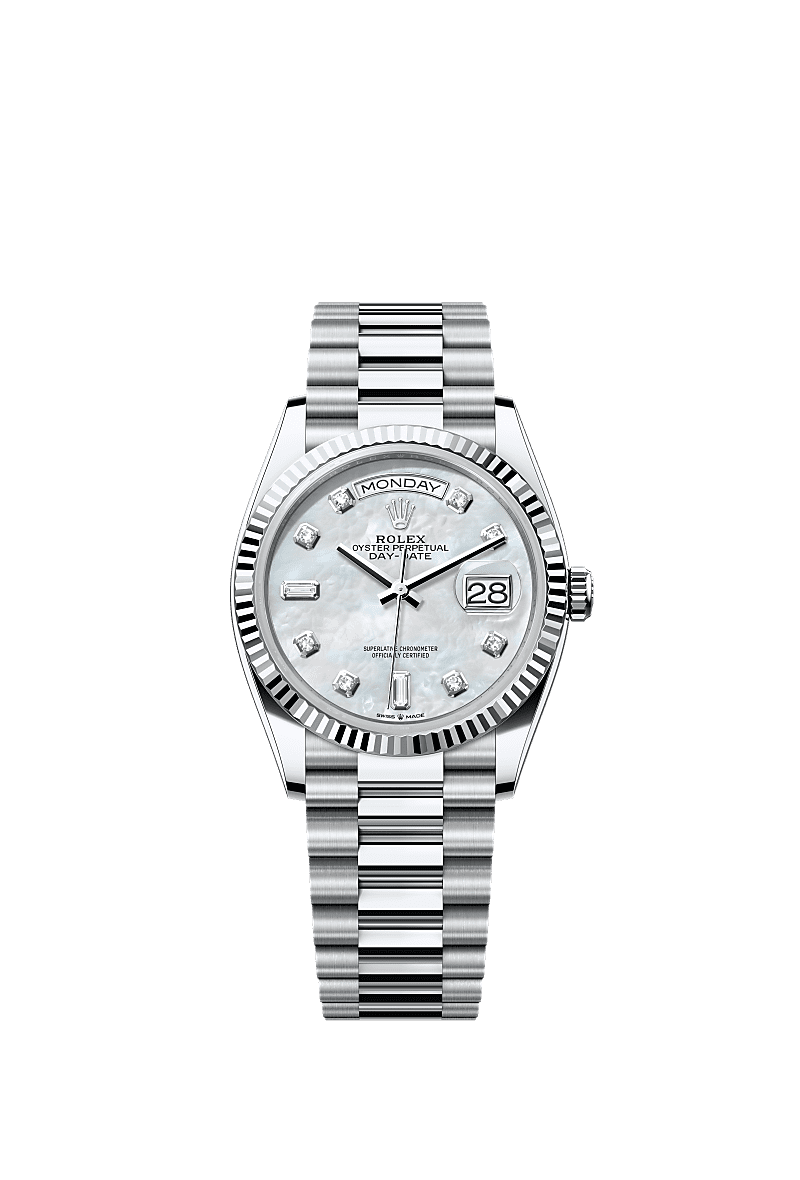 Day-Date 36, Oyster, 36 mm, platinum, Dial : White mother-of-pearl set with diamonds, Rolex