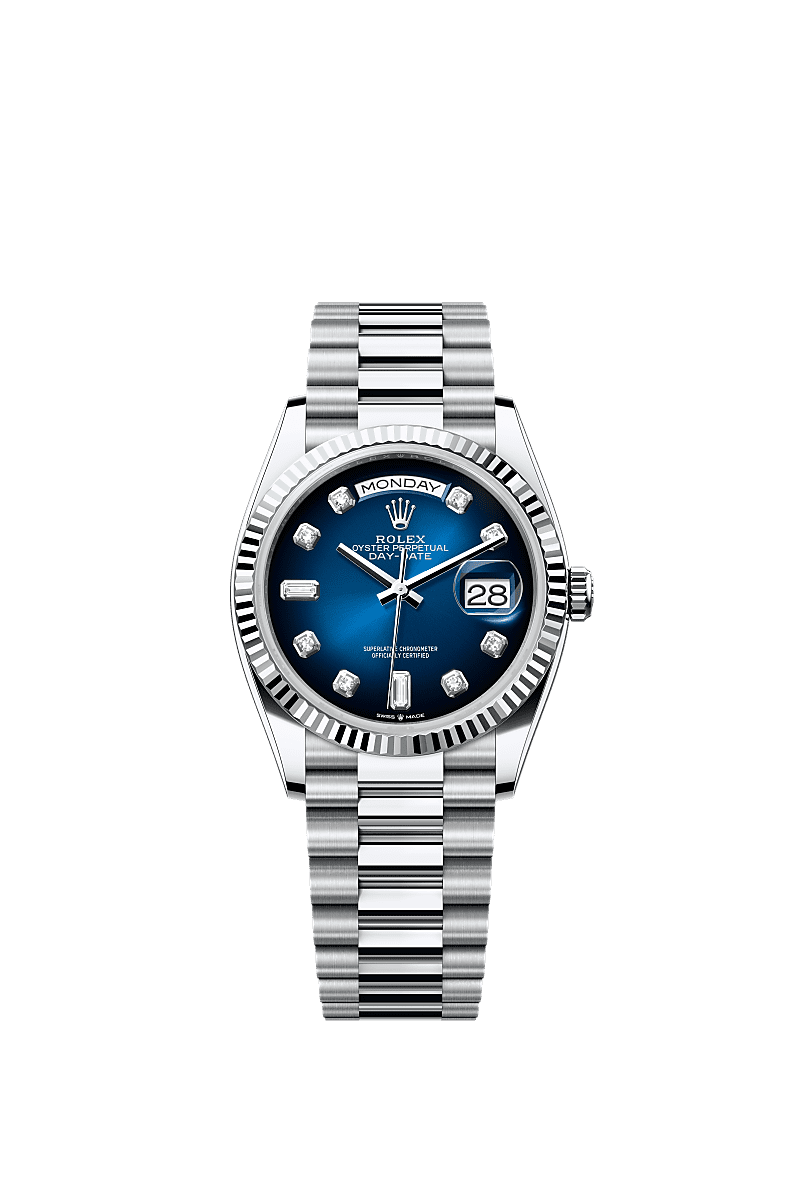 Day-Date 36, Oyster, 36 mm, platinum, Dial : Blue ombré set with diamonds, Rolex