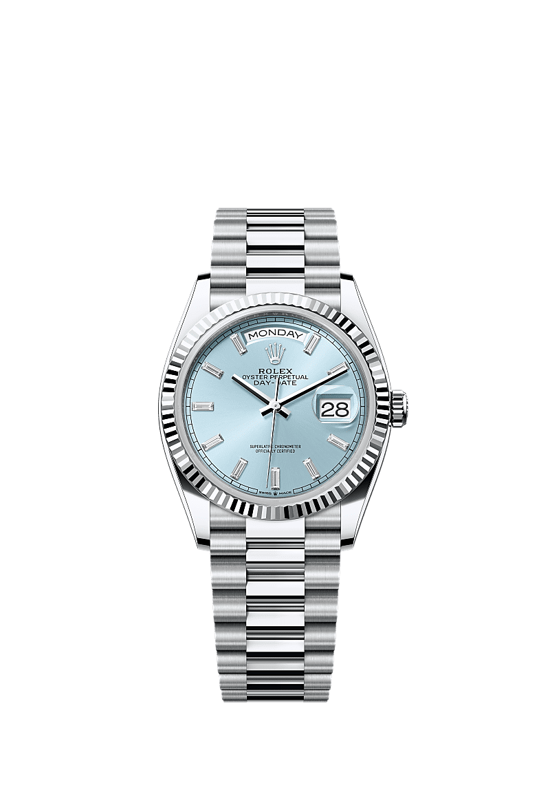 星期日历型 36, 蚝式，36毫米，铂金, 表盘 : 冰蓝色，镶钻石, Rolex