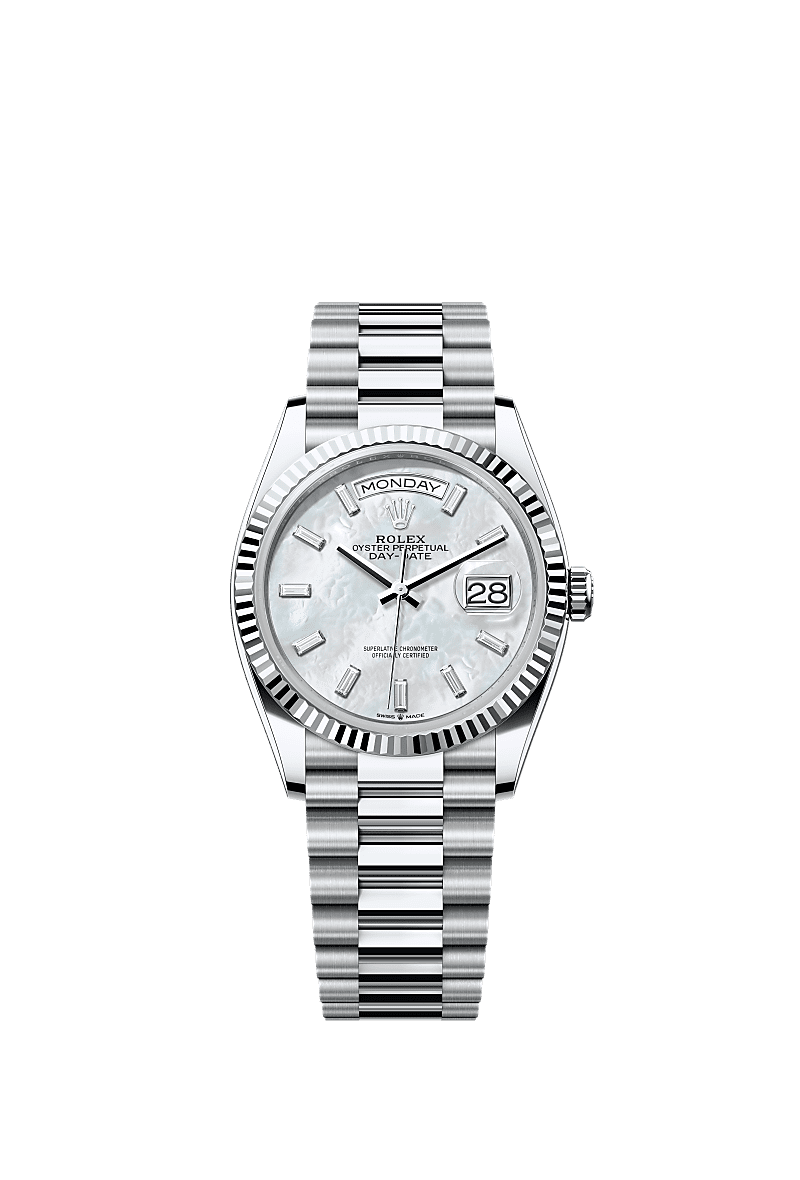 星期日历型 36, 蚝式，36毫米，铂金, 表盘 : 白色珍珠母，镶钻石, Rolex