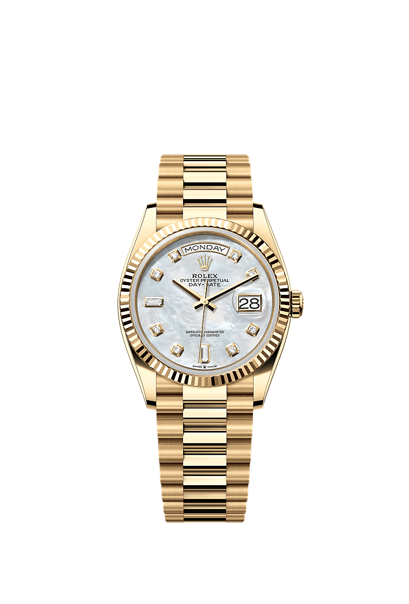 Day-Date 36, Oyster, 36 mm, yellow gold, Dial : White mother-of-pearl set with diamonds, Rolex