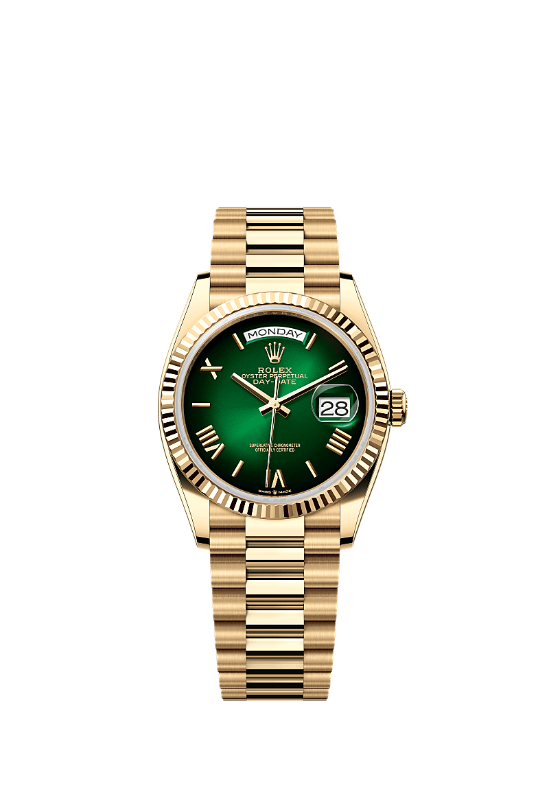 星期日历型 36, 蚝式，36毫米，黄金, 表盘 : 渐变绿色, Rolex