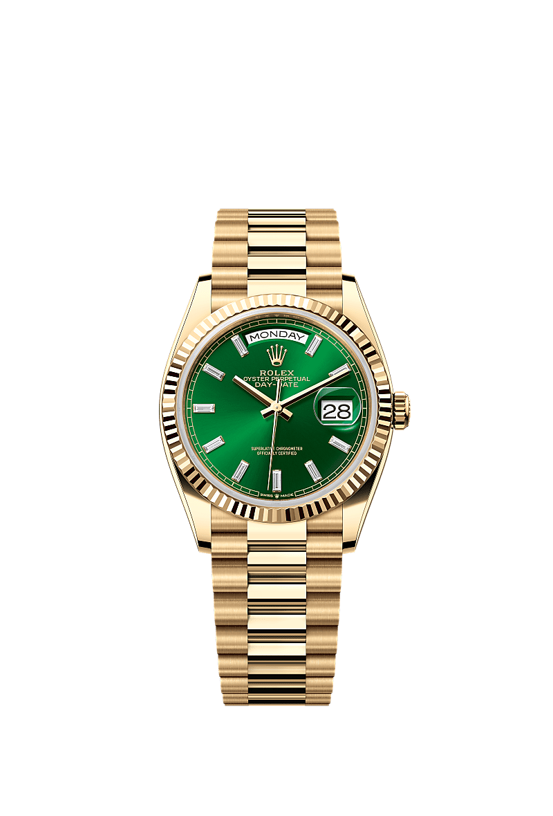 星期日历型 36, 蚝式,36毫米,黄金, 表盘 : 亮绿色,镶钻石, Rolex