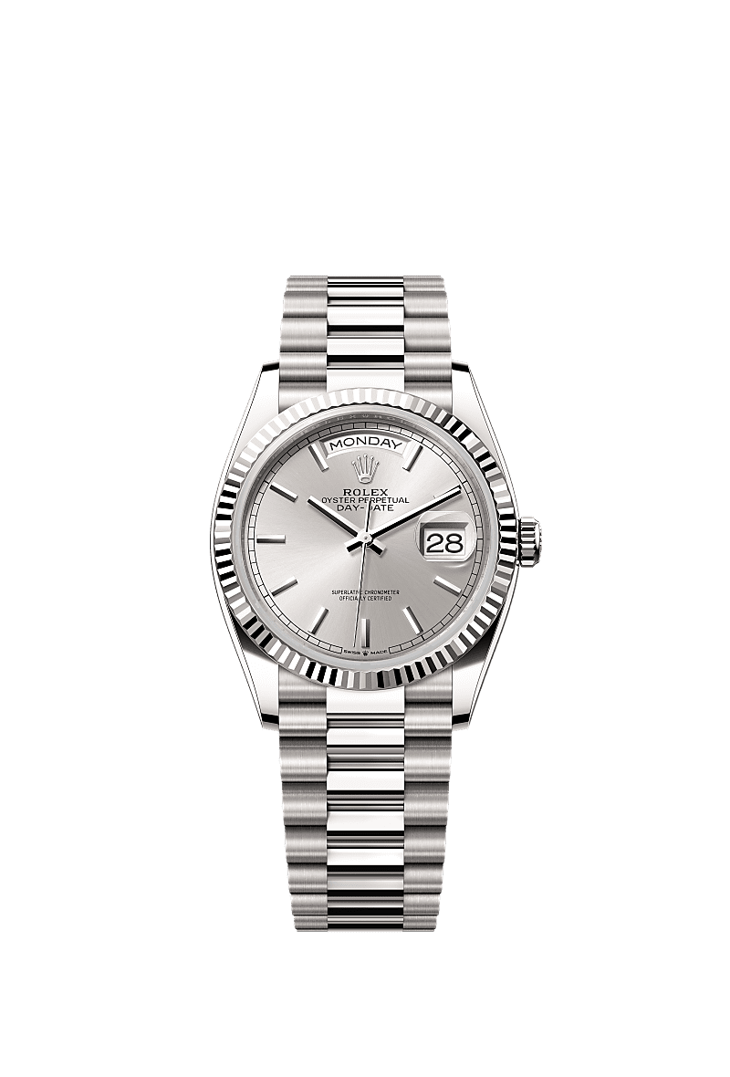 星期日历型 36, 蚝式，36毫米，白色黄金, 表盘 : 银色, Rolex
