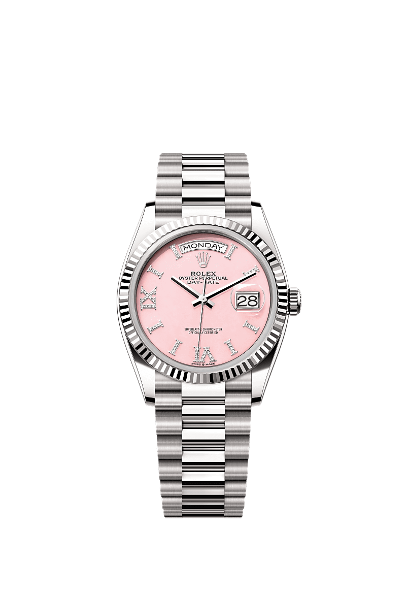 Day-Date 36, Oyster, 36 mm, white gold, Dial : Pink opal set with diamonds, Rolex