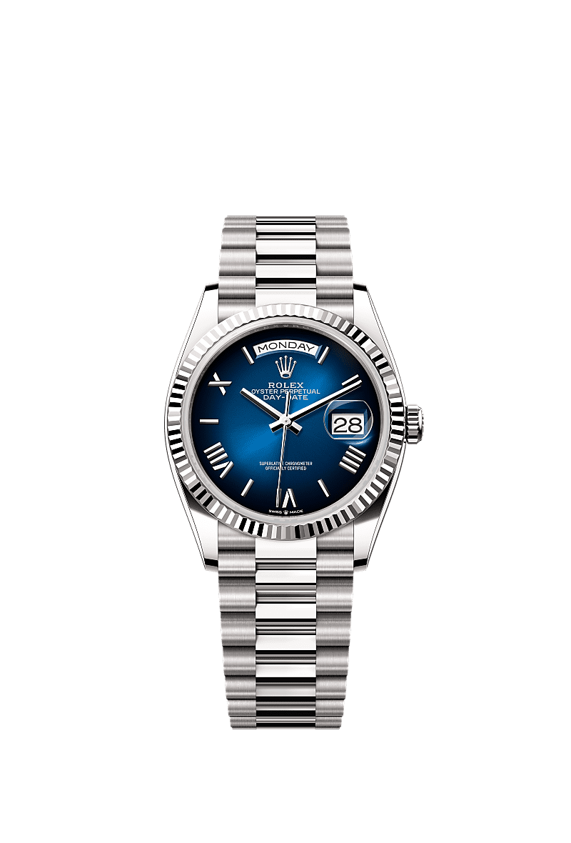 星期日历型 36, 蚝式，36毫米，白色黄金, 表盘 : 渐变蓝色, Rolex