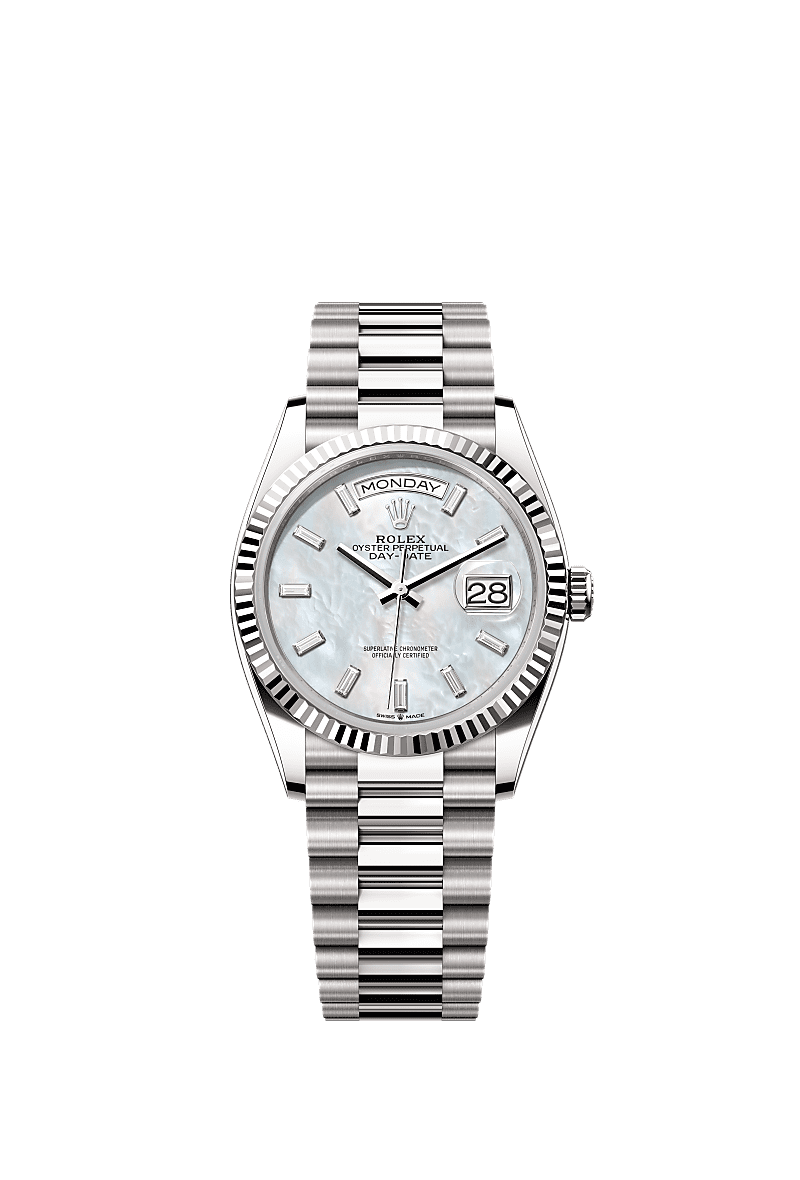 Day-Date 36, Oyster, 36 mm, white gold, Dial : White mother-of-pearl set with diamonds, Rolex
