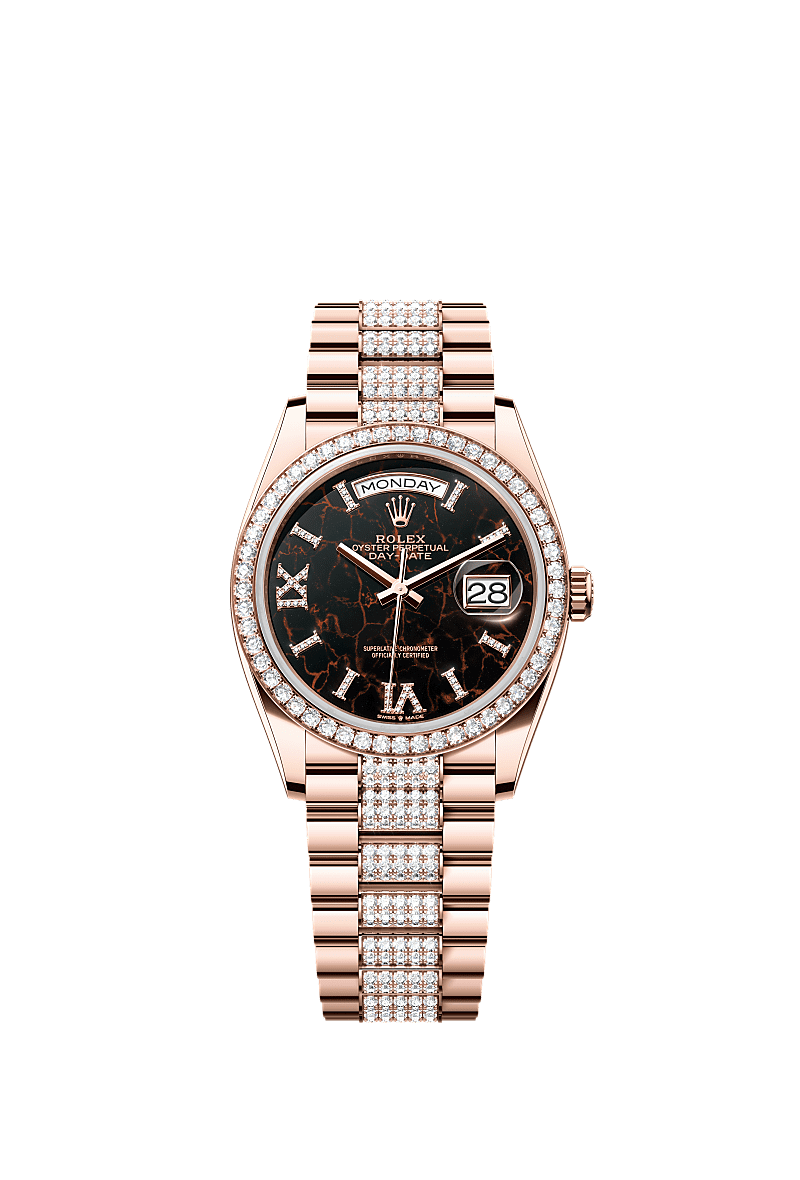 Day-Date 36, Oyster, 36 mm, Everose gold and diamonds, Dial : Eisenkiesel set with diamonds, Rolex