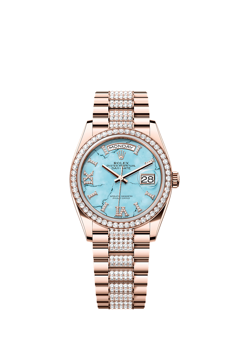 Day-Date 36, Oyster, 36 mm, Everose gold and diamonds, Dial : Turquoise set with diamonds, Rolex