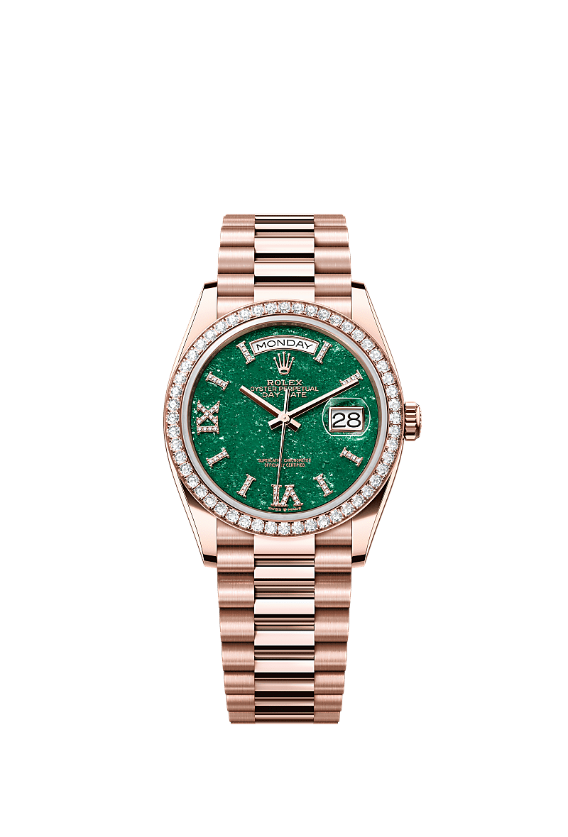 Day-Date 36, Oyster, 36 mm, Everose gold and diamonds, Dial : Green aventurine set with diamonds, Rolex