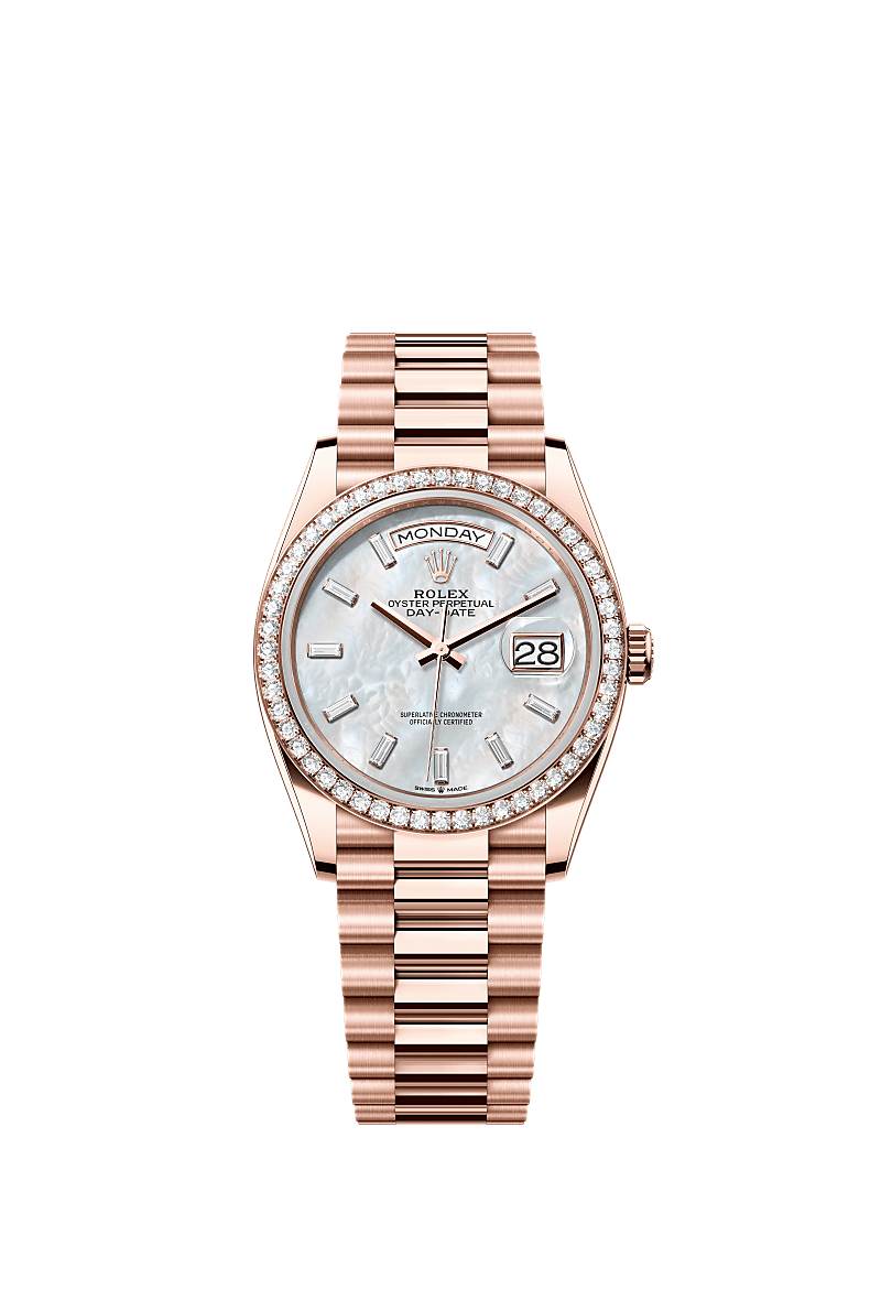 Day-Date 36, Oyster, 36 mm, Everose gold and diamonds, Dial : White mother-of-pearl set with diamonds, Rolex