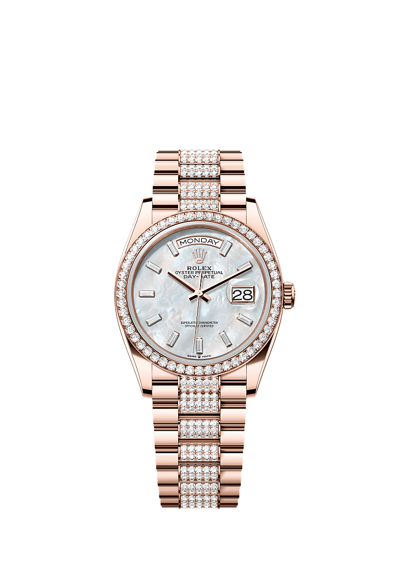 Day-Date 36, Oyster, 36 mm, Everose gold and diamonds, Dial : White mother-of-pearl set with diamonds, Rolex