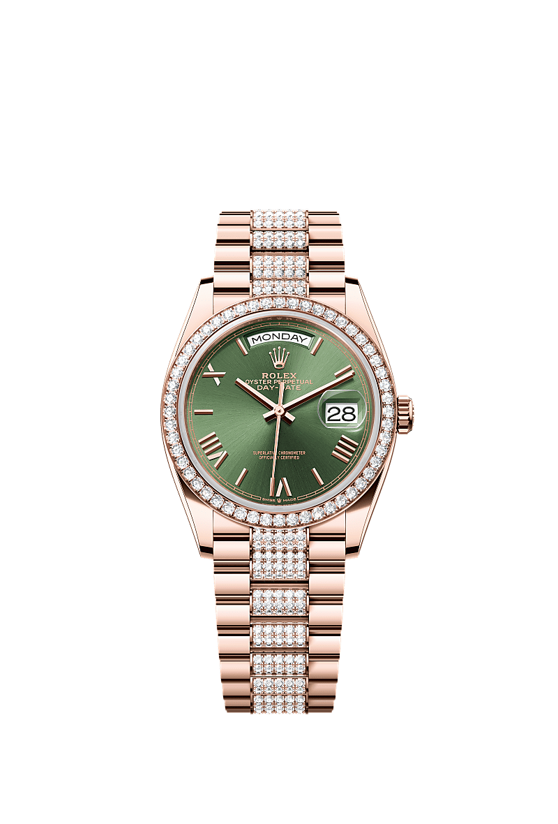 Day-Date 36, Oyster, 36 mm, Everose gold and diamonds, Dial : Olive green, Rolex
