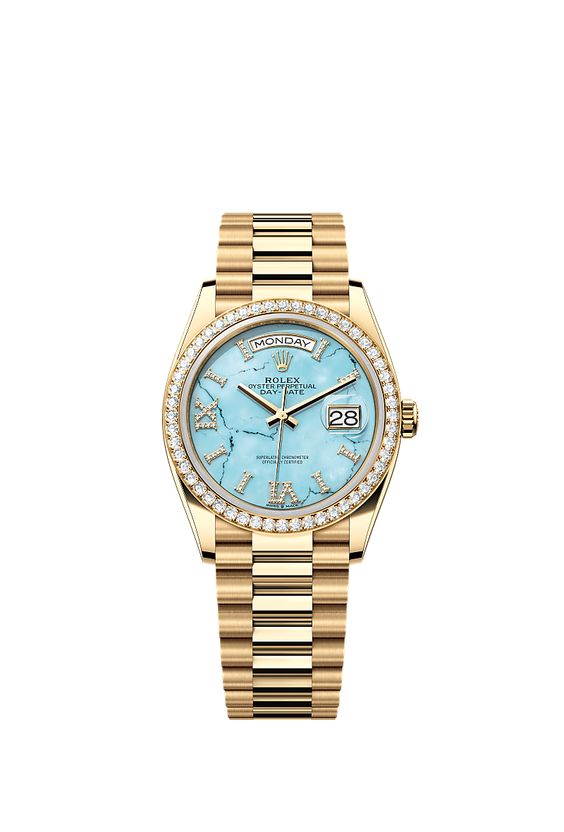 星期日历型 36, 蚝式，36毫米，钻石及黄金, 表盘 : 绿松石，镶钻石, Rolex