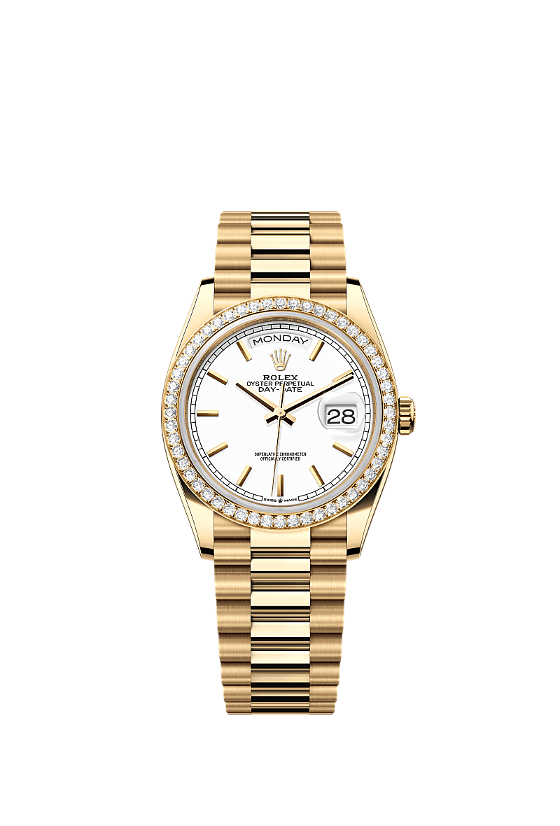 Day-Date 36, Oyster, 36 mm, yellow gold and diamonds, Dial : White, Rolex