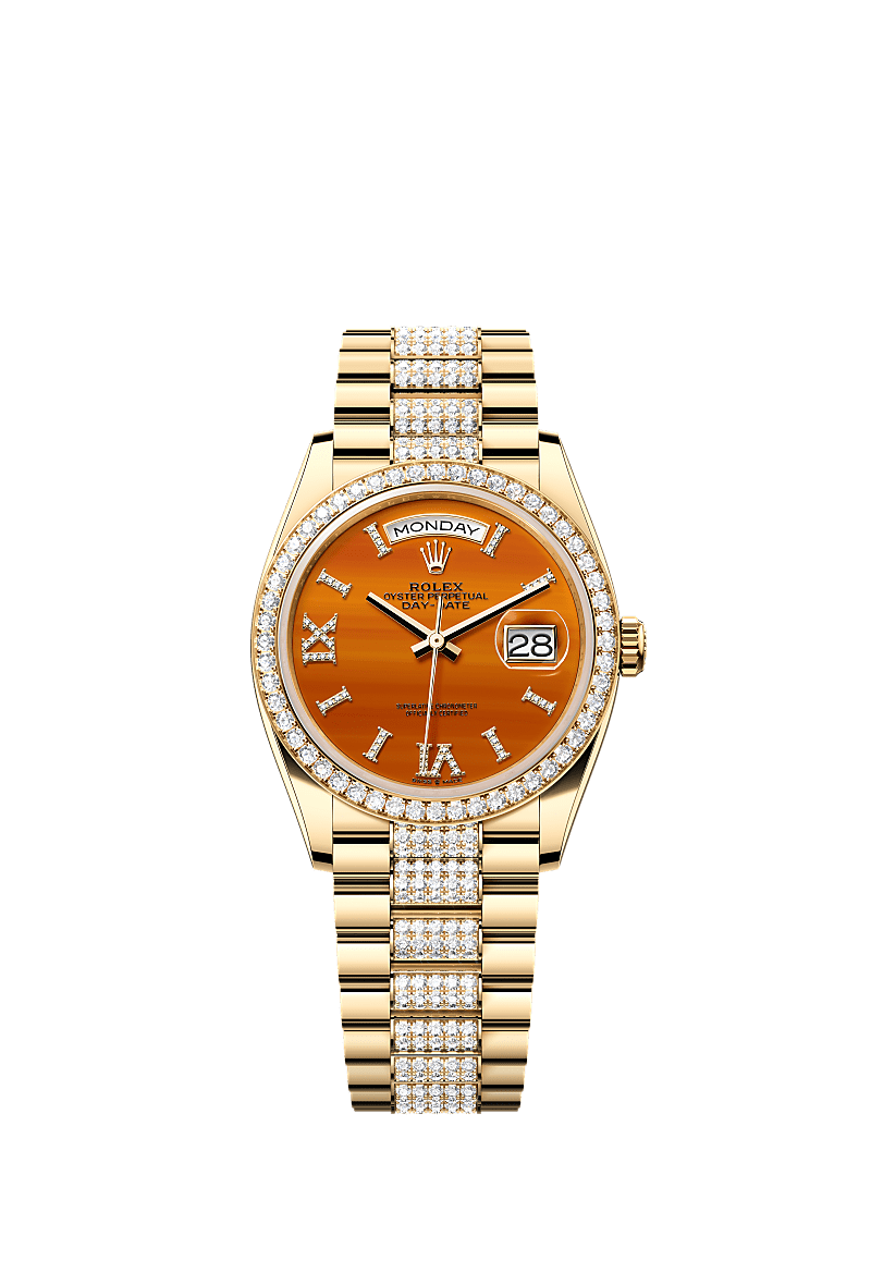 Day-Date 36, Oyster, 36 mm, yellow gold and diamonds, Dial : Carnelian set with diamonds, Rolex