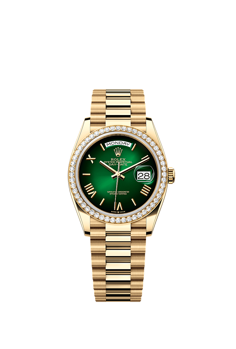 Day-Date 36, Oyster, 36 mm, yellow gold and diamonds, Dial : Green ombré, Rolex