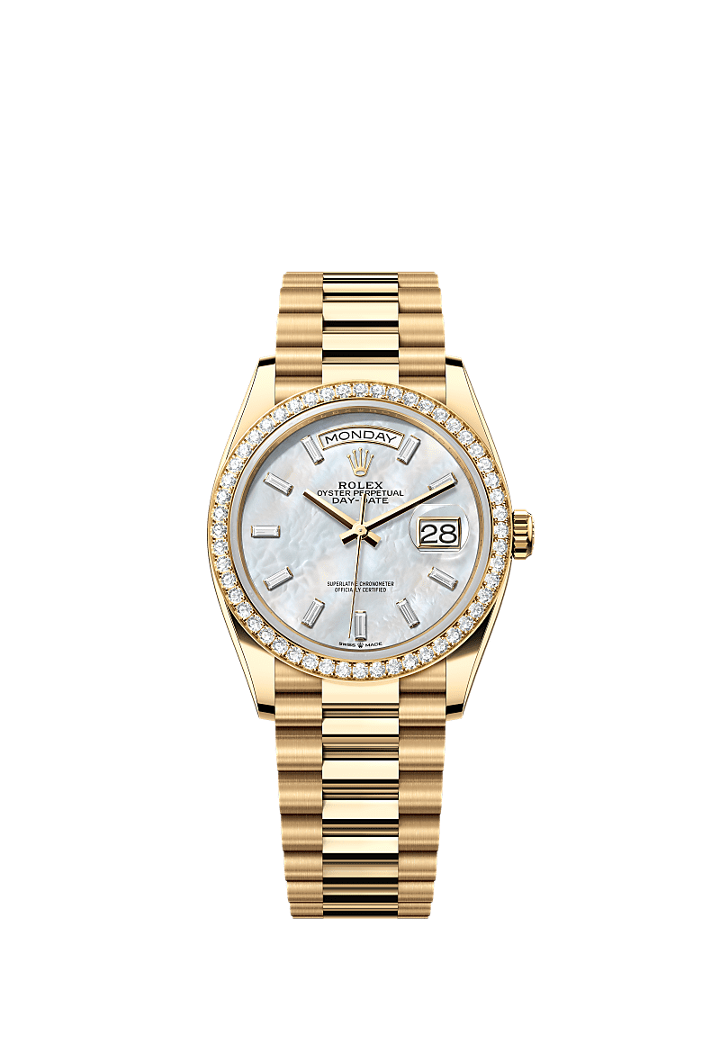 Day-Date 36, Oyster, 36 mm, yellow gold and diamonds, Dial : White mother-of-pearl set with diamonds, Rolex