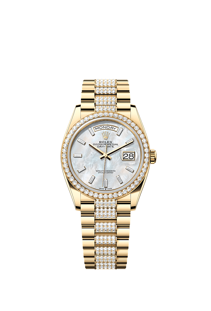 Day-Date 36, Oyster, 36 mm, yellow gold and diamonds, Dial : White mother-of-pearl set with diamonds, Rolex