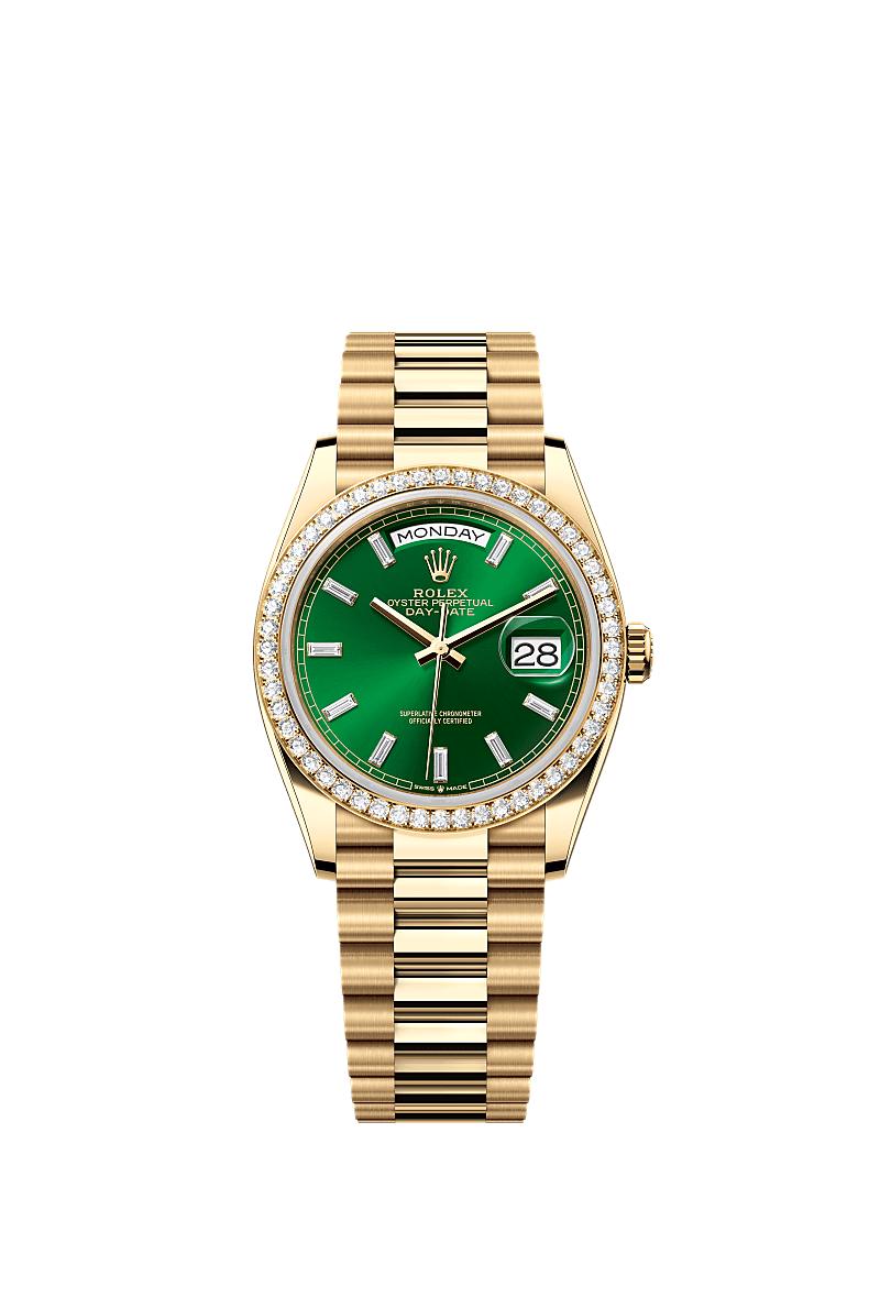 星期日历型 36, 蚝式，36毫米，钻石及黄金, 表盘 : 亮绿色，镶钻石, Rolex