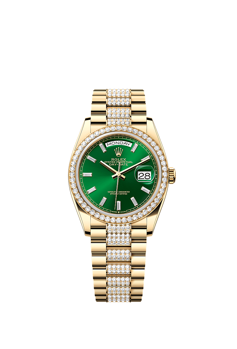 Day-Date 36, Oyster, 36 mm, yellow gold and diamonds, Dial : Bright green set with diamonds, Rolex
