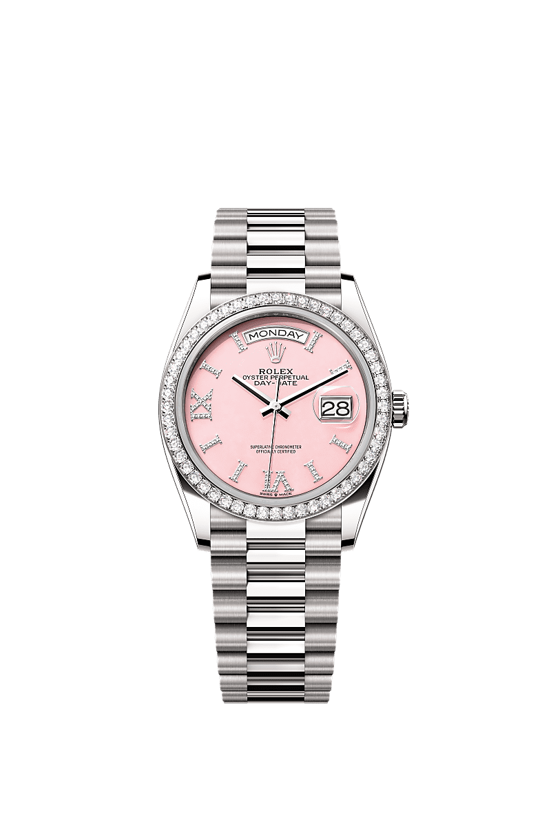Day-Date 36, Oyster, 36 mm, white gold and diamonds, Dial : Pink opal set with diamonds, Rolex