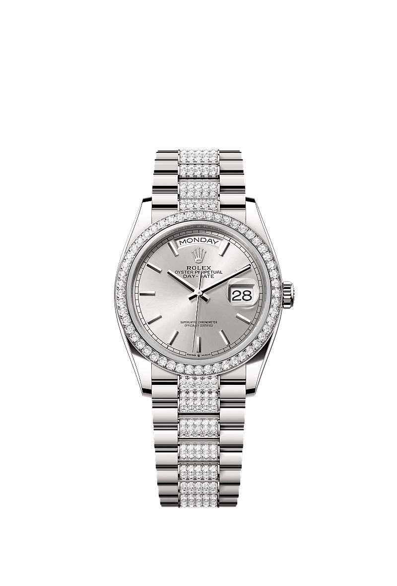 Day-Date 36, Oyster, 36 mm, white gold and diamonds, Dial : Silver, Rolex