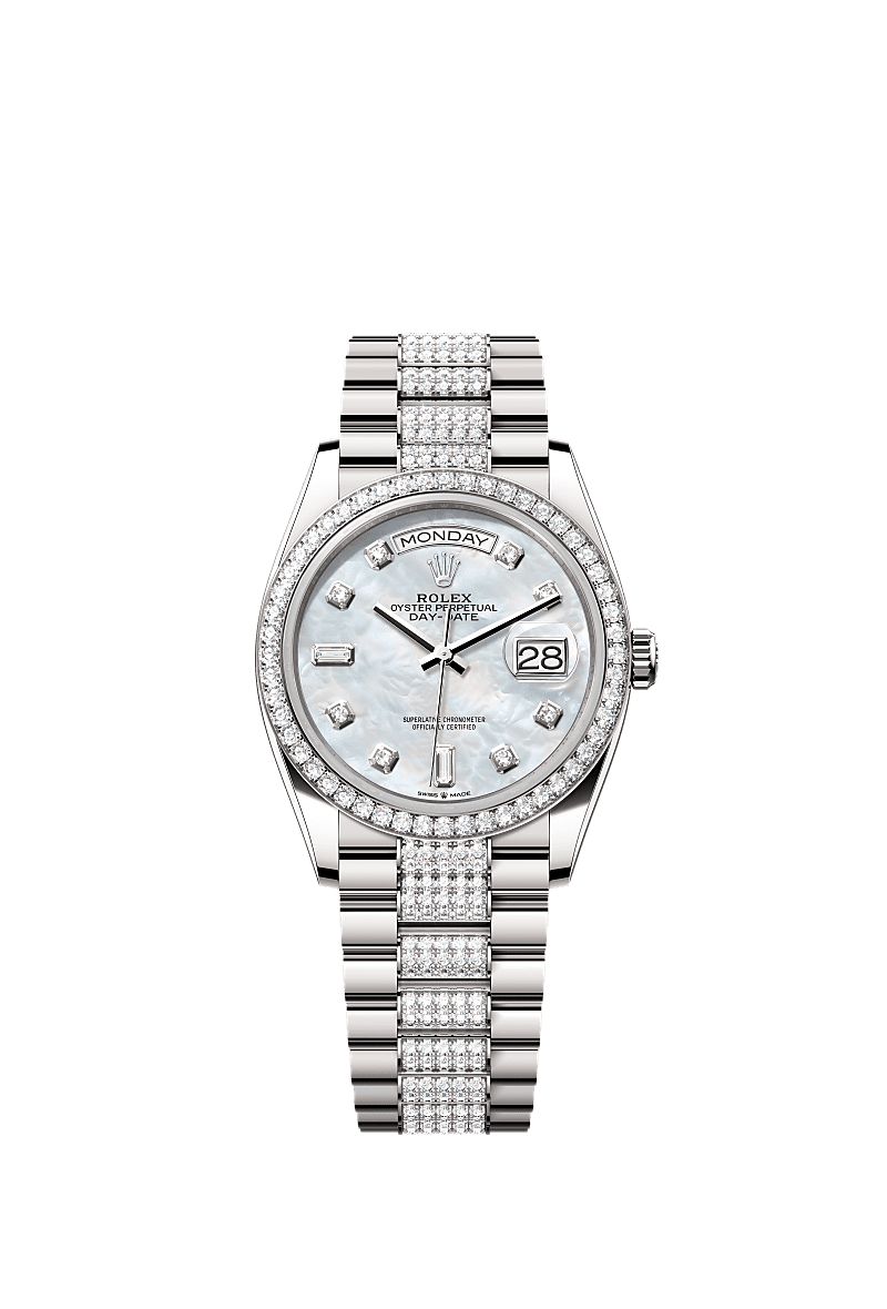 Day-Date 36, Oyster, 36 mm, white gold and diamonds, Dial : White mother-of-pearl set with diamonds, Rolex