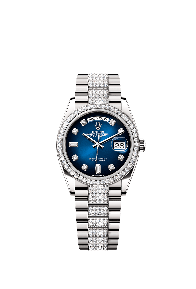 Day-Date 36, Oyster, 36 mm, white gold and diamonds, Dial : Blue ombré set with diamonds, Rolex