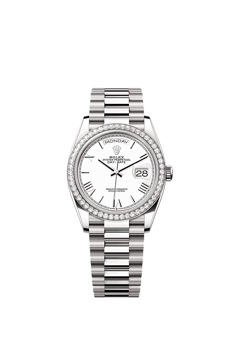 星期日历型 36, 蚝式,36毫米,钻石及白色黄金, 表盘 : 白色, Rolex