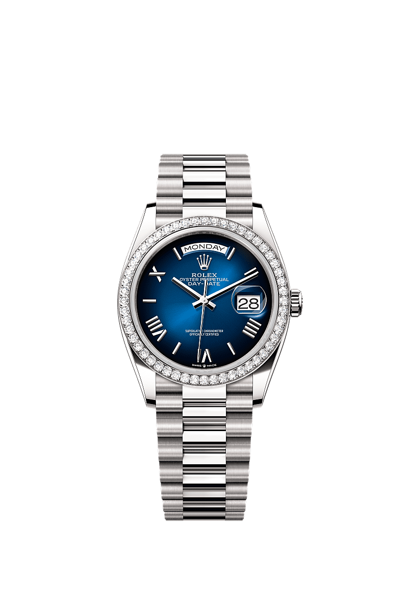 星期日历型 36, 蚝式,36毫米,钻石及白色黄金, 表盘 : 渐变蓝色, Rolex