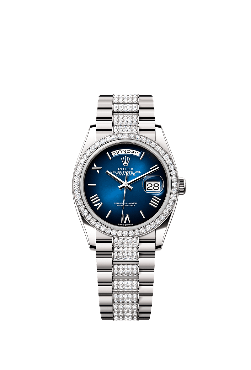 星期日历型 36, 蚝式，36毫米，钻石及白色黄金, 表盘 : 渐变蓝色, Rolex