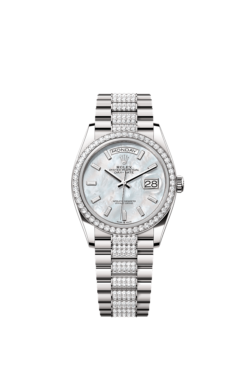 Day-Date 36, Oyster, 36 mm, white gold and diamonds, Dial : White mother-of-pearl set with diamonds, Rolex