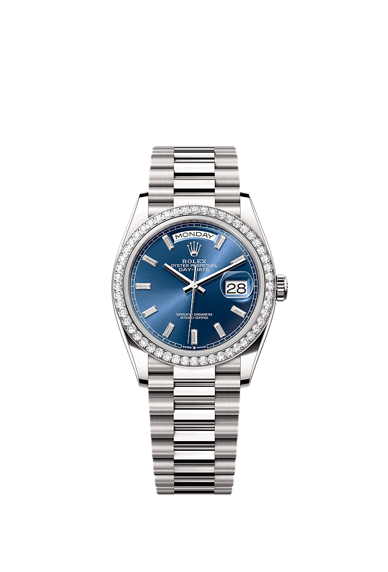 Day-Date 36, Oyster, 36 mm, white gold and diamonds, Dial : Bright blue set with diamonds, Rolex
