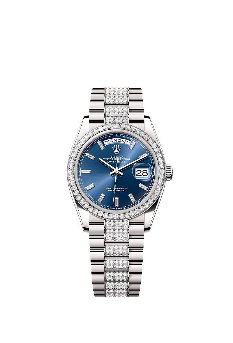 Day-Date 36, Oyster, 36 mm, white gold and diamonds, Dial : Bright blue set with diamonds, Rolex