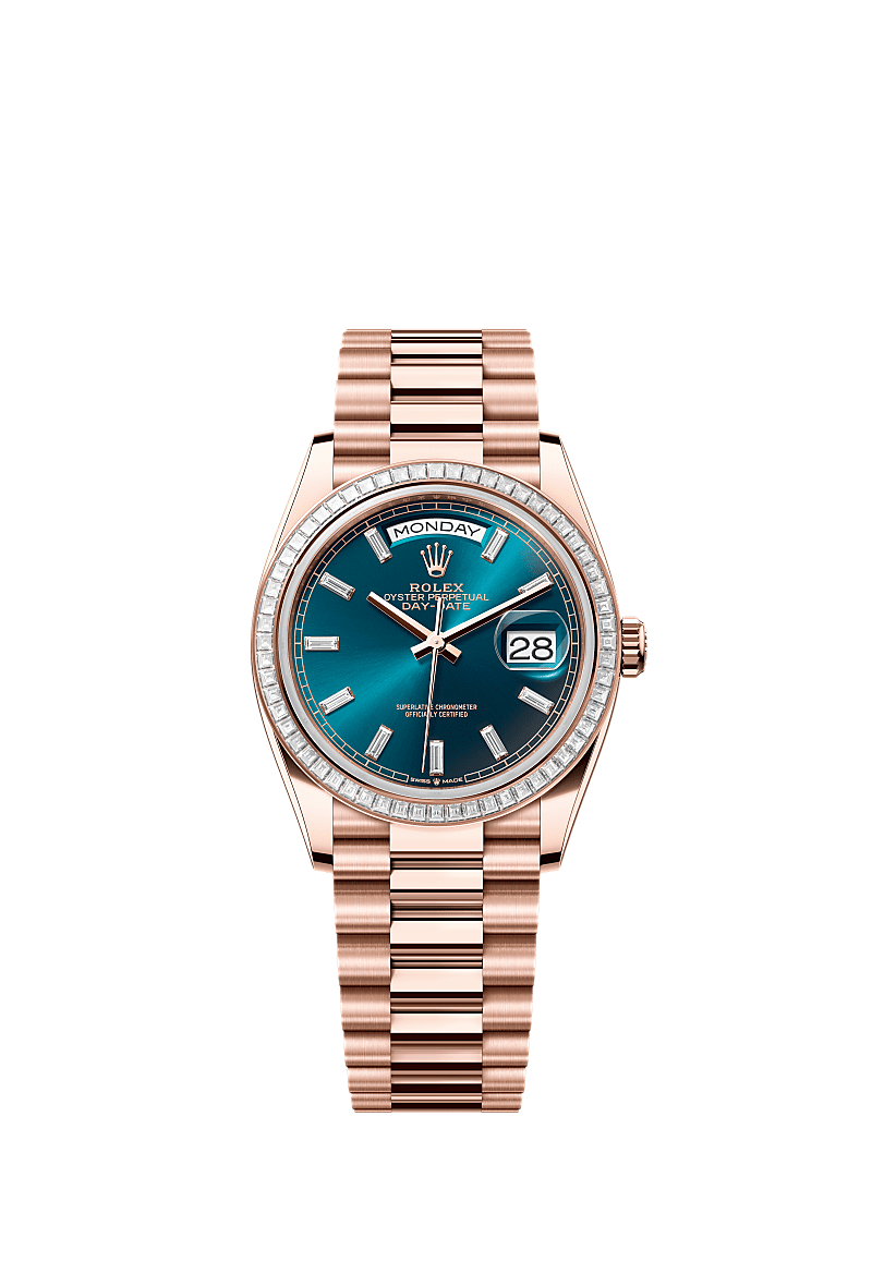 Day-Date 36, Oyster, 36 mm, Everose gold and diamonds, Dial : Blue-green set with diamonds, Rolex
